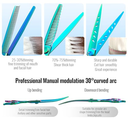 Dog Grooming Scissors: 7" Straight Pet Shears Skeletonized blade Made Of Japanese 440C for Trimming Dogs Cats and Other Pets Green
