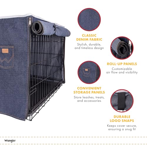 Wrangler Denim Dog Crate Cover – Durable, Breathable & Stylish Dog Kennel Cover with Rollable Panels & Front Pocket for Accesories - Machine Washable Crate Covers for Dog Cages (S) - size: S