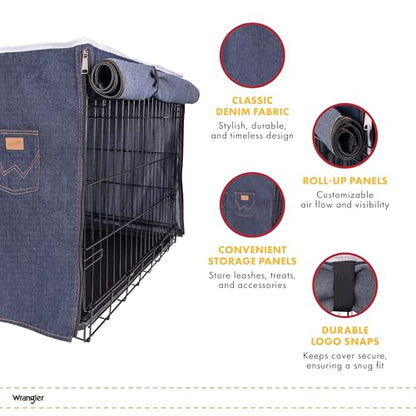Wrangler Denim Dog Crate Cover – Durable, Breathable & Stylish Dog Kennel Cover with Rollable Panels & Front Pocket for Accesories - Machine Washable Crate Covers for Dog Cages (M) - size: M
