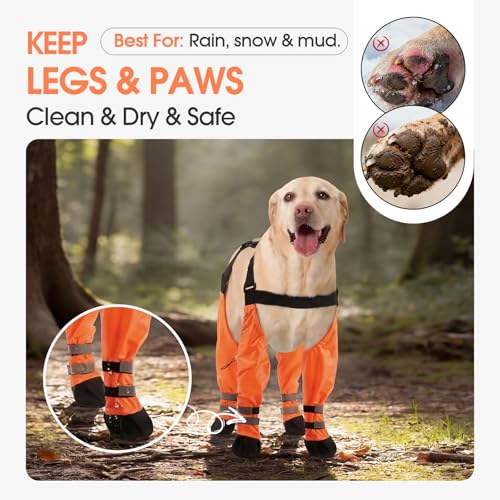Pezluxe Dog Suspender Boots, Waterproof Anti-Slip Dog Rain Boots with Adjustable Strap for Small Medium Large Dogs, Reflective Paw Protector Pet Shoes for Outdoor Walking, Rain Snow Hiking, Orange, XS - size: XS