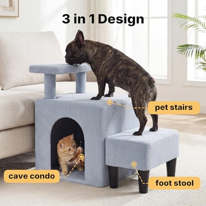 Veehoo 3 in 1 Dog Cat Stairs for Bed Couch, Small Steps Non Slip for Older Dogs Cats to Get on Bed Portable with Cave Condo and Cushioned Foot Stool, Pet Steps Cat Ramps Indoor for Senior Cats Dogs
