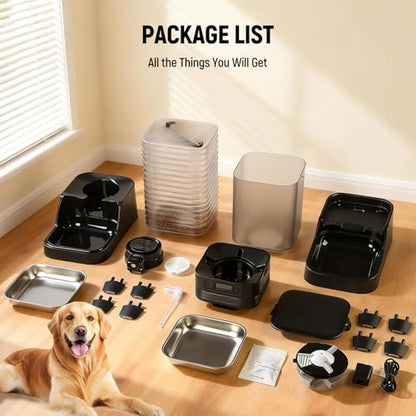 Marchul 7L Automatic Cat Feeder and 8L Automatic Gravity Pet Water Dispenser with Patented Faucet, Stainless Steel Bowl, Adjustable Elevated Base, Battery Operated, Timed Feeder