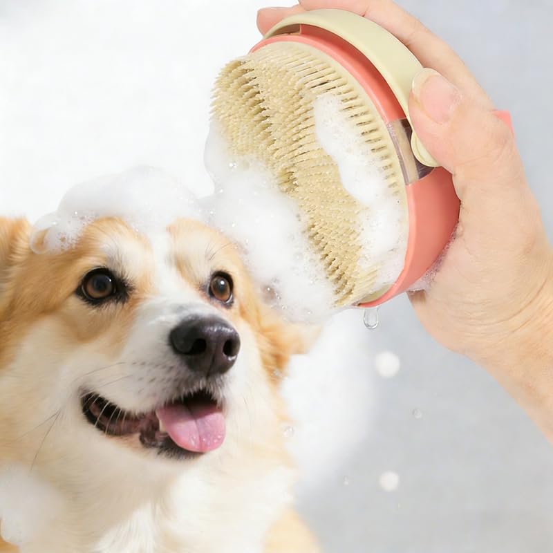 2-in-1 Pet Shampoo Dispenser & Grooming Brush, Soft Bristle Bathing Massage Brush for Shedding Reduction & Deep Cleaning, Gentle for Long & Short Hair Dogs Cats - color: Red