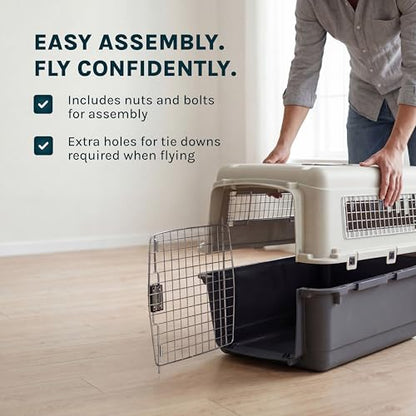 SportPet Airline Compliant X-LARGE 35.5" Travel Dog Kennel-Durable Plastic Airline Pet Carrier w/Removable Wheels & Food Bowls, Collapsible Indoor/Outdoor Dog Kennel, Dogs up to 32"L & 23"H-Dark Gray - color: Dark Gray