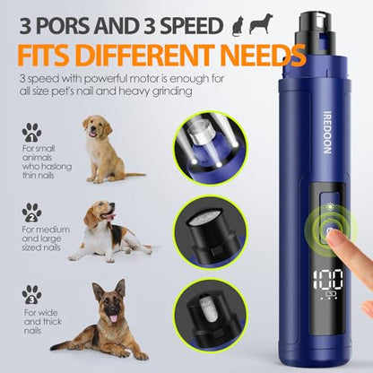 IREDOON Dog Nail Grinder Upgraded - Professional 3-Speed Super Quiet and Low Vibration Electric Pet Nail Grinder with 4 LED Lights - Painless Paws Grooming & Smoothing for Small to Large Dogs (Blue) - color: Sapphire Blue