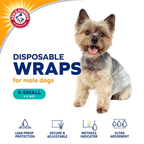 Arm & Hammer X-Small Male Dog Wraps, Disposable Belly Band Diapers with Baking Soda Odor Control, Super Absorbent Leak Resistant Design for Marking and Incontinence, 9-14 Inch Waist, 12 Count - size: X-Small