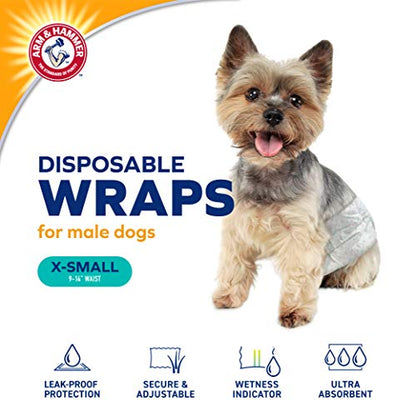 Arm & Hammer X-Small Male Dog Wraps, Disposable Belly Band Diapers with Baking Soda Odor Control, Super Absorbent Leak Resistant Design for Marking and Incontinence, 9-14 Inch Waist, 12 Count - size: X-Small