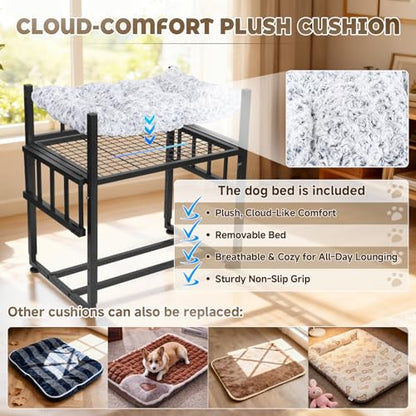 Beside Dog Bed and Mattress Set - Metal Three-Sided Fence Pet Dogs Bed Frame, Adjustable Height Dogs Bed Extension Attachment for Human Bed, for Small/Medium Puppy(25.5''L x 17.7''W)