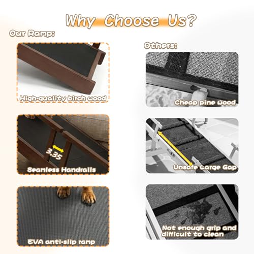 73" Dog Ramp for Bed with Rest Platform & Glow Strips, 20° Gentle Slope, EVA Non-Slip Surface, Removable Safety Rails, Birchwood Solid Wood, for Small, Large & Senior Dogs, Joint Protection, Brown - size: 73.2"L x 25"H x 15.7"W