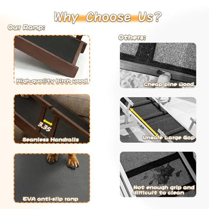 73" Dog Ramp for Bed with Rest Platform & Glow Strips, 20° Gentle Slope, EVA Non-Slip Surface, Removable Safety Rails, Birchwood Solid Wood, for Small, Large & Senior Dogs, Joint Protection, Brown - size: 73.2"L x 25"H x 15.7"W