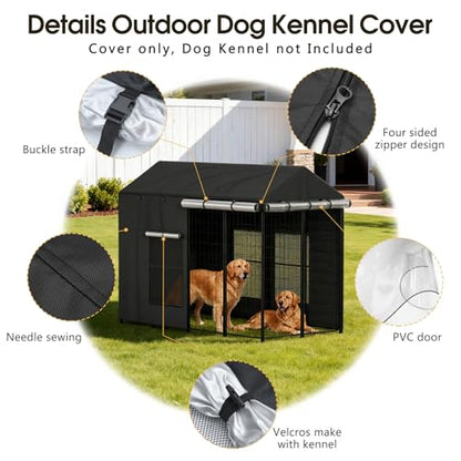 Dog Kennel Cover Outdoor 8'Dx4'Wx6'H for Large Dog Cages, Full Coverage 1200D Heavy Duty Waterproof with Transparent PVC Window (Cover Only)