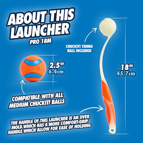 Chuckit Pro Fetch Toy Ball Launcher For Dogs; Compatible With Any Chuckit! Medium Size 18 Inch + Max Glow Ball