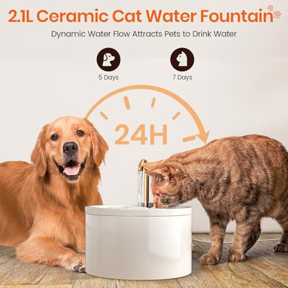 MISFANS Ceramic Cat Water Fountain - 2.1L/71oz - All-Ceramic Body & Pure Copper Water Spout - Non-Toxic - Automatic Pet Drinking Fountain Indoor with Ultra-Quiet Pump, and 3Pcs Filter & Sponge (White)