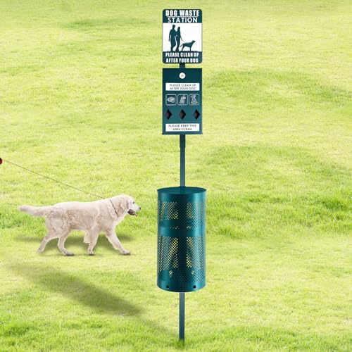 Qinyoung Dog Waste Station Galvanized Steel Outdoor Pet Bin with Poop Bag Dispenser Reflective Sign Rust Proof for Backyard Commercial Park(Green) - color: Green