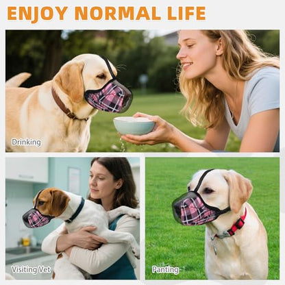 KOOLTAIL Dog Muzzle, Soft Muzzle for Small Medium Large Sized Dogs to Anti & Prevent Barking Grooming Biting, Reflective Adjustable Air Mesh Basket Muzzles, Allows Panting and Drinking, Pink Plaid S - color: Pink Plaid, size: Small