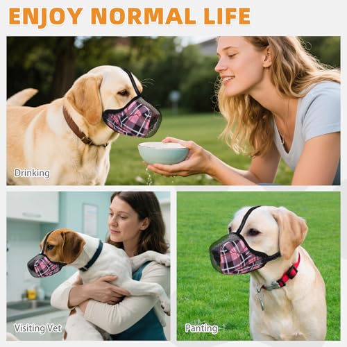 KOOLTAIL Dog Muzzle, Soft Muzzle for Small Medium Large Sized Dogs to Anti & Prevent Barking Grooming Biting, Reflective Adjustable Air Mesh Basket Muzzles, Allows Panting and Drinking, Pink Plaid XL - color: Pink Plaid, size: X-Large