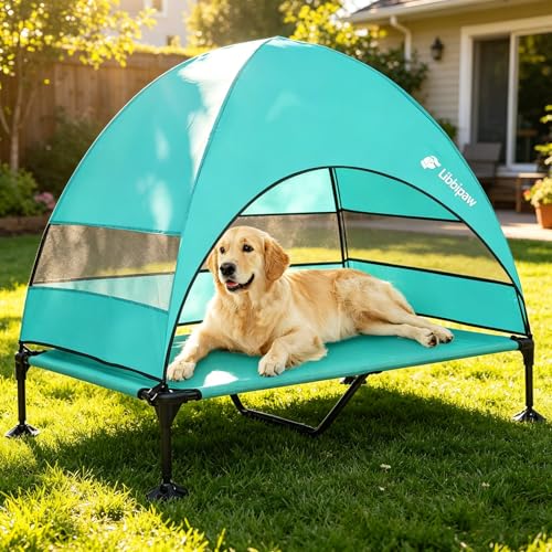 Windproof Elevated Dog Bed with Canopy & Stakes, 3-Sided 90% UV Block, Chew-Proof Teslin Mesh Mat for Large Dogs up to 150lbs(Blue X-Large) - color: Blue, size: X-Large