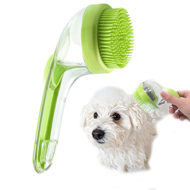 Pet Bath Brush with Shampoo Dispenser - Silicone Massage Grooming Tool for Cats & Dogs, Long Handle Dog Cat Bath Brush for Wet/Dry Use Green (ABS + Food-Grade Silicone, 7.5")