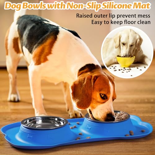 Hubulk Pet Dog Bowls 2 Stainless Steel Dog Bowl with No Spill Non-Skid Silicone Mat + Pet Food Scoop Water and Food Feeder Bowls for Feeding Small Medium Large Dogs Cats Puppies (Medium, Blue) - color: Blue, size: Medium