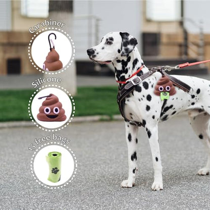 Dog Poop Bag Holder for Leash With Carabiner Clip, Dispenser Includes 15 Waste Bags Roll, Funny Silicone Holder