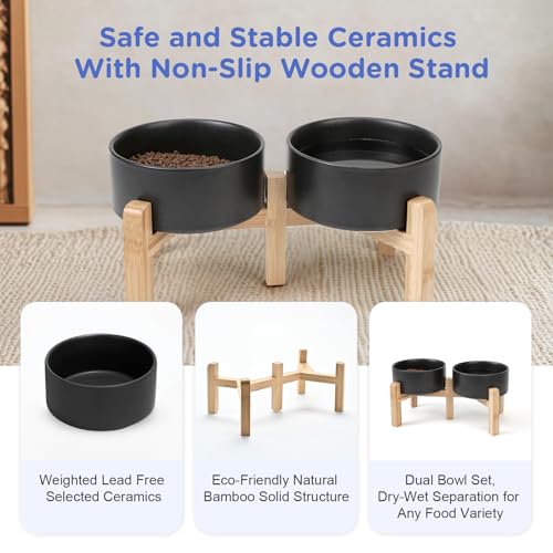 SPUNKYJUNKY Elevated Dog Bowls Ceramic, 6.1'' Dogs and Cat Food Water Bowls Raised with Non-Slip Bamboo Stand for Medium Sized Breed Microwave Dishwasher Safe - 28.7 OZ,Black - color: Black, size: 6.1 in - 3.6 cups
