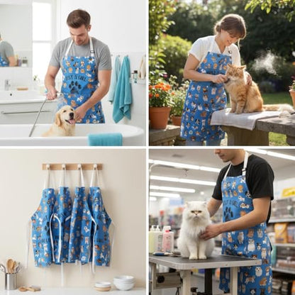 2 Pack Dog Grooming Waterproof Apron with Pockets, Dog Grooming Smock Apron for Groomers Women Pet Shop Work Clothes Bibs (Blue Black)