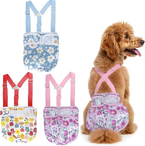 3 Pack Washable Female Dog Diapers with Suspender - Reusable Super Absorbent & Leakproof Fixed Doggie Diapers for Dogs in Heat Cycle - size: XL