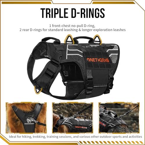 OneTigris Tactical Dog Harness for Large Dogs, Adjustable Tactical Dog Harness with Handles, Reflective Vest Heavy Duty & Breathable Military Assistance Vest with No Pull Buckle, Black - color: Black, size: Large