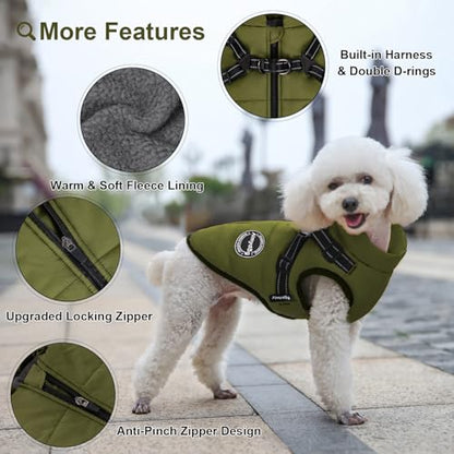 Dog Winter Coat, Warm Dog Jacket Reflective Adjustable Fleece Vest with Harness Built in, Windproof Pet Snow Jacket Snowsuit with Zipper for Small Medium Dogs, Green XS - color: Green, size: X-Small