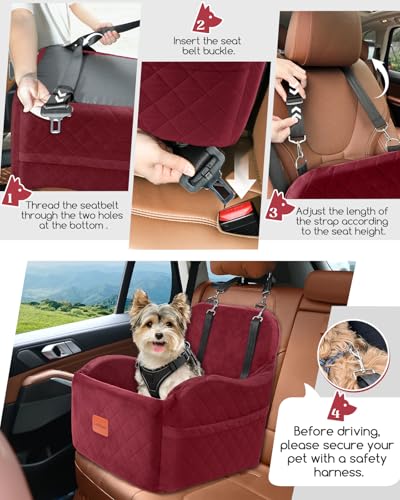 Lealchum Dog Car Seat for Small/Medium Dogs,6in Elevated Cushion,Fits in Front/Back Seat,Fully Detachable and Washable,2 Storage Pockets,Easy to Install (Red, Medium) - color: Red