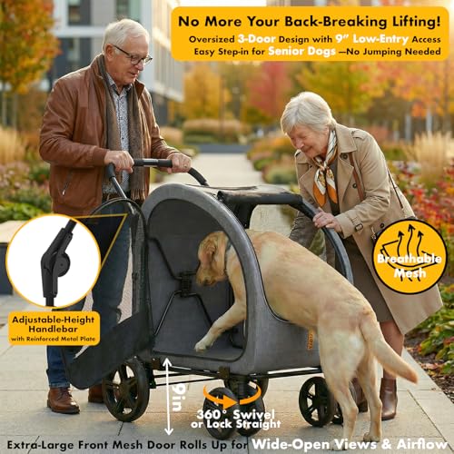 PAWZIDEA 3-in-1 Large Dog Stroller with Detachable Carrier up to 80lbs, Portable Dog Car Crate & Travel Kennel, Foldable Pet Stroller for 2 Medium Dogs, All-Terrain 9” Jogger Wheels, Adjustable Handle - color: Mid-Hemp Grey