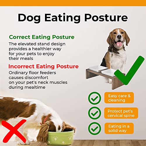 Bowsers Artisan Diner Double Dog Feeder - Handcrafted Rubberwood Frame with Square Ceramic Bowls Feeder for Dogs - Walnut, Medium, 22" x 10" x 6" - color: Walnut, size: Medium