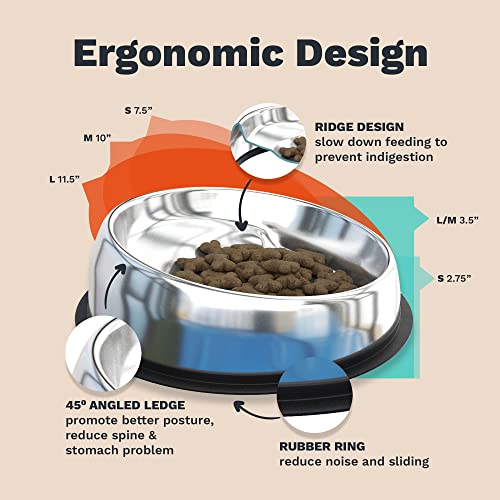 Enhanced Pet Bowl – Slanted Stainless Steel Dog Bowl for Flat-Faced Breeds Like Bulldogs, Pugs, Frenchies – Raised Back, No-Spill, Reduces Gas & Mess – Large Size, Non-Slip, Food-Grade - size: Large