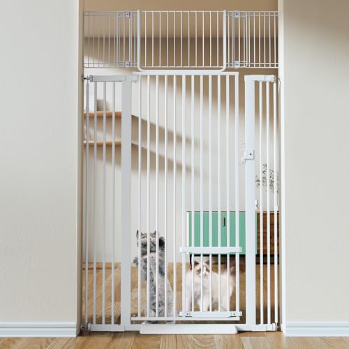 COMOMY 71" Extra Tall Pet Gate for Cats, 29.5-40.6" Extra Wide with Adjustable Cat Door, Pressure Mounted Easy Walk Through Gate with Door for Stairs, Doorways, Kitchen (White) - color: White, size: 71" Tall x 40.6" Wide