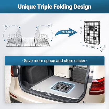 rabbitgoo Dog Car Barrier for SUVs, Adjustable Large Pet Gate, Universal-Fit Divider Cargo Net, Heavy-Duty Wire Mesh Dog Barrier SUV, Van Vehicles Subaru Car Accessories Safety Travel, Triple Folding
