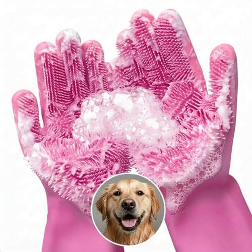 Cat and Dog Shampoo Gloves with 3000 Soft Bristles – 2-in-1 Dog Bath Gloves 11.6", Durable Silicone, Saves Shampoo | Massage, Grooming & Clean Wet or Dry – Made for Every Breed and Coat Style (Pink) - color: Pink
