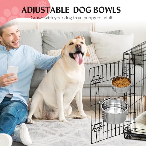 Large 2 Packs Hanging Water Bowls for Dog Crate Stainless Steel Kennel Water Bowl No Spill Adjustable Dog Water Dish for Medium Large Dogs Huge Pets (7.1 * 4.3”& 6.3 * 2.3”) - size: 2 packs 7.1 * 4.3" & 6.3 * 2.3"