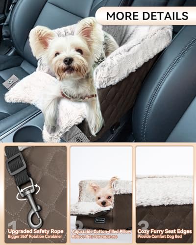 PETSFIT Center Console Dog Car Seat with Safe Protection Hooks, Pet Car Seat with Upgraded Safety Tethers, Washable Cushion, Console Dog Car Seats for Small Dogs (Coffee) - color: Coffee