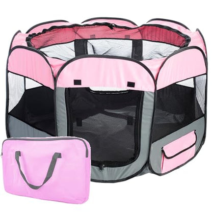 Pet Life All-Terrain Lightweight Wire-Framed Folding Collapsible Pet Playpen, Travel Cat and Dog Playpen, Features Breathable Mesh and Zippered Entrances with Carrying case - color: Pink