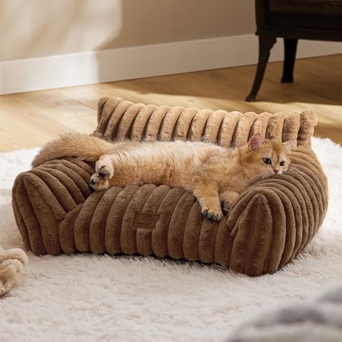 Bedsure ComfyFleece™ Cute Cat Couch for Pets - As Seen on TV on Good Day New York, Fluffy Cats beds for Indoor Cats with Removable Washable Cover, Supportive Pet Sofa, 24inch, Camel Brown - color: Camel Brown, size: 24x18x10"