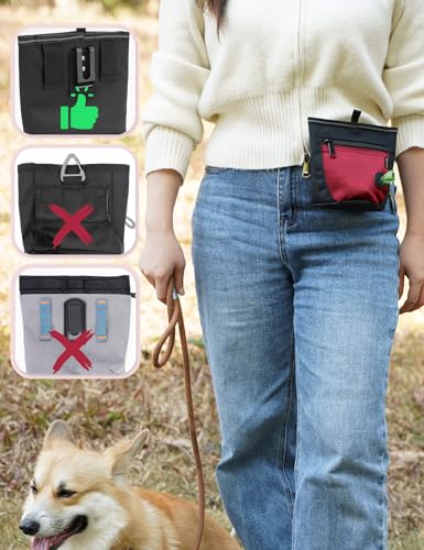 Gobeigo Dog Treat Pouch and Training Clicker, Upgrade Two Magnetic Closure to Prevent Spills, 2 Cup Treat Bag with Poop Bag Dispenser, Metal Clip Waist Belt Fanny Pack for Pet Walk (Black/Red) - color: G-Black/Red