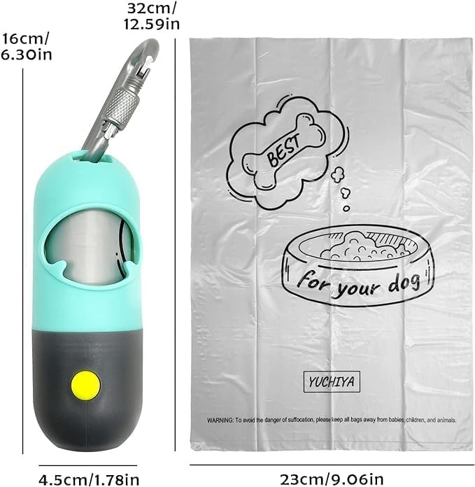 Dog Poop Bag Holder Dispenser with LED Flashlight - Night Visibility for Safe Evening Walks | Upgraded Hands-Free Leash Clip | Includes 15 Dog Waste Bags(Green) - color: Green