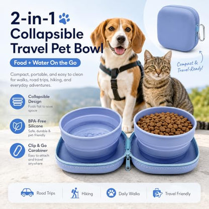 Portable Dog Bowl, Collapsible 2-in-1 Travel Dog Bowls with Carabiner Clip, Silicone Double Pet Food and Water Dish for Outdoor Camping and Hiking (Blue) - color: Blue