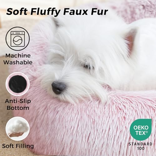 Calming Round Dog Bed & Cat Bed with Anti-Slip Bottom, Medium Size Washable Anti-Anxiety Donut Dog Beds for Small Dogs & Cats, Fluffy Plush Soft Dog Bed(24 Inch, Pink) - color: Pink, size: 24"l x 24"w x 8"th