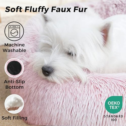 Calming Round Dog Bed & Cat Bed with Anti-Slip Bottom, Medium Size Washable Anti-Anxiety Donut Dog Beds for Small Dogs & Cats, Fluffy Plush Soft Dog Bed(24 Inch, Pink) - color: Pink, size: 24"l x 24"w x 8"th