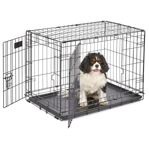 MidWest Homes for Pets 30-Inch iCrate for Medium Breeds, 21-40 lbs, Double Door Folding Dog Crate with Divider Panel, Leak-Proof Tray & Secure Latches, Portable, Durable & Easy to Assemble - color: Black - Double Door