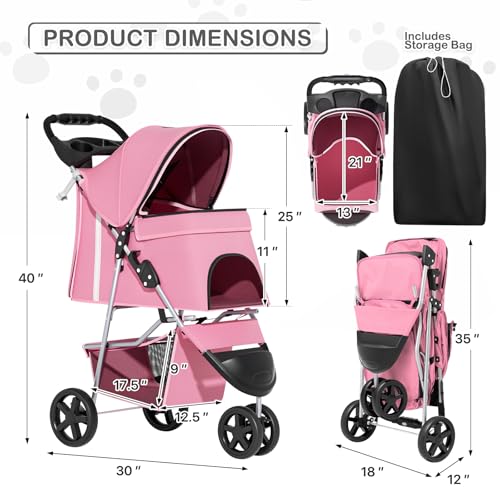MoNiBloom 3-Wheels Foldable Pet Stroller with Waterproof Cover, Pet Strolling Cart for Small/Medium Dogs and Cats with Storage Basket and Cup Holder, Breathable and Visible Mesh for All-Season, Pink - color: Pink
