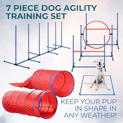 Dog Agility Training Equipment Set, 2 Dog Jump, Hurdle, Blind and Standard Tunnel and Weave Poles, Premium Dog Agility Exercise Set with Easy Carry Case