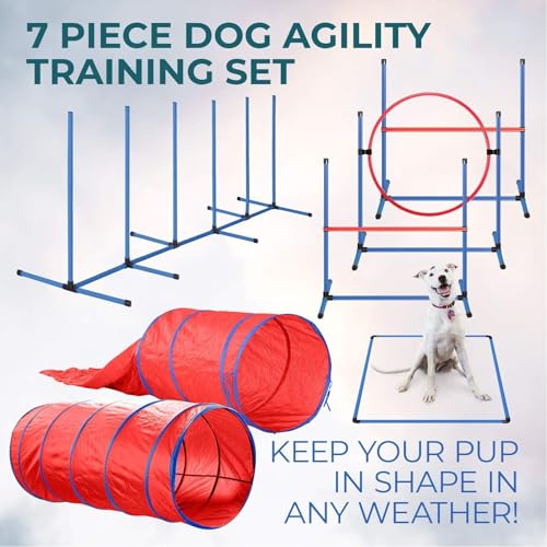 Dog Agility Training Equipment Set - Premium Exercise Set with Jump, Hurdle, Blind, Standard Tunnel, and Weave Poles - Easy Carry Case Included
