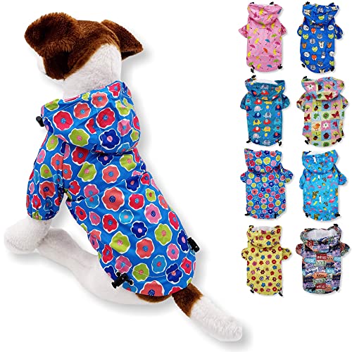 Dog Raincoat Hooded Leash Hole Waterproof Rain Coat Jacket Rainwear for Small Pet Cat Puppy (XXS: Length - 8", Blue Flowers) - color: Blue Flowers, size: XXS: Chest - 10", Length - 8"
